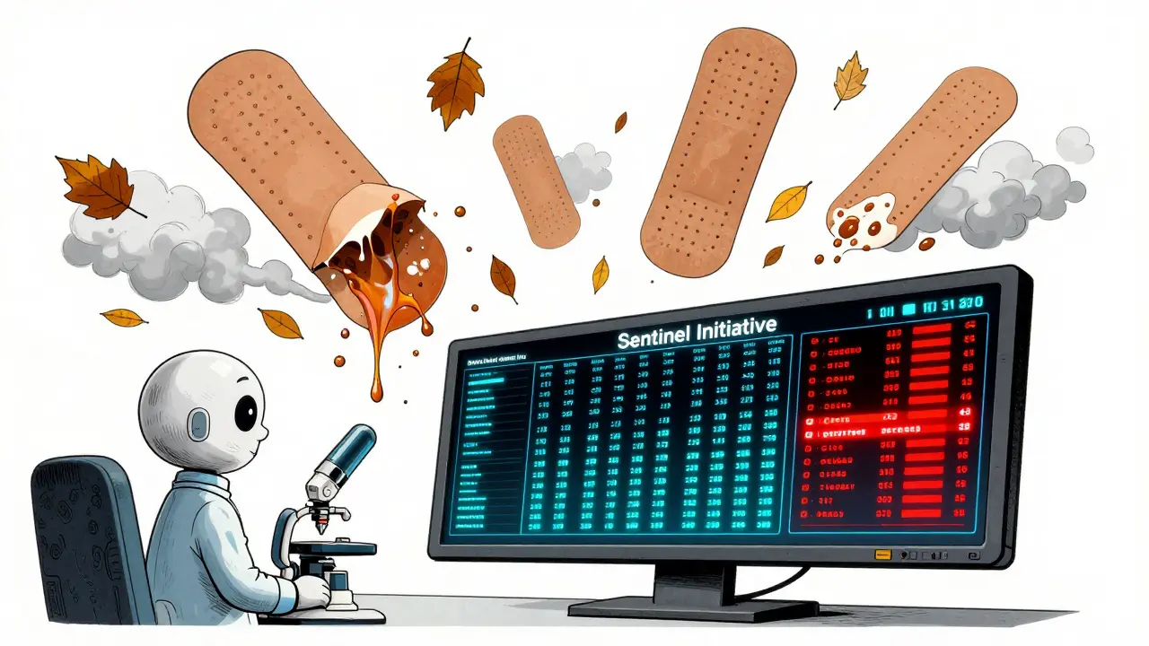 Floating transdermal patches peeling away as a digital dashboard tracks patient safety data.