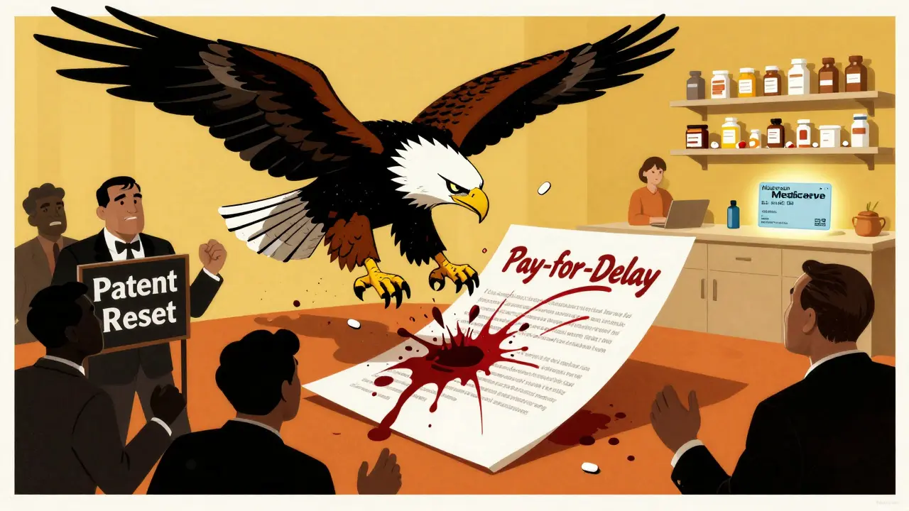 FTC eagle smashing a pay-for-delay contract while generic drugs flood the market at low prices.