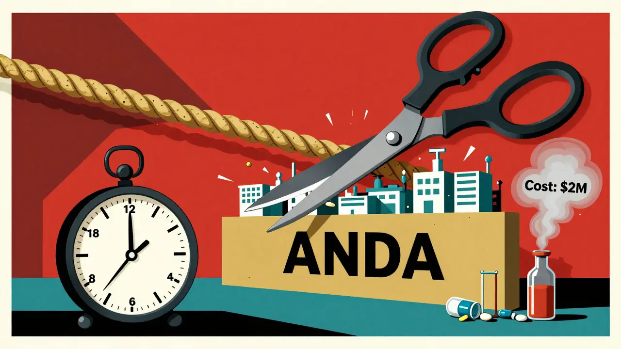 Giant scissors cutting a patent rope, releasing generic drug factories as a clock counts down approval time.