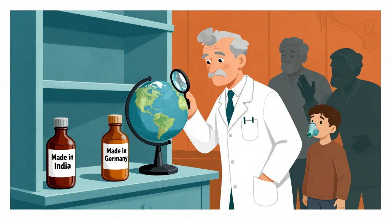 Half-empty pharmacy shelf with labeled drug origins, patients reaching out as pharmacist examines a globe.