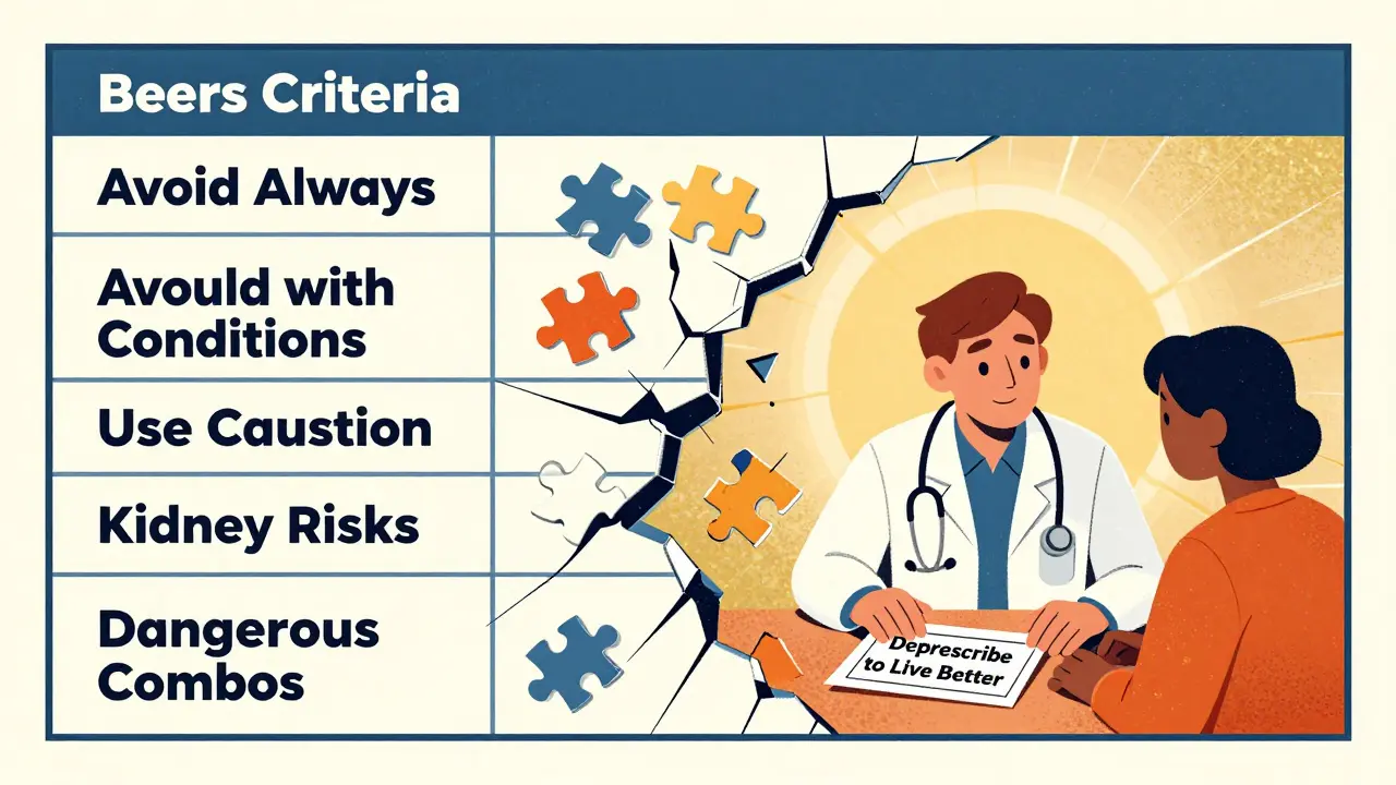 Medical chart breaking into five Beers Criteria sections, doctor and patient holding a simple prescription for deprescribing.