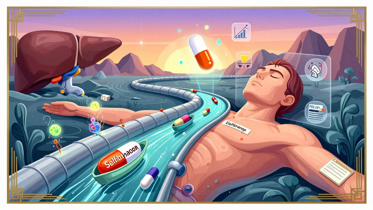 Medical pipeline river with new PBC drugs floating as boats, a patient’s face above, surrounded by health icons in surreal poster style.
