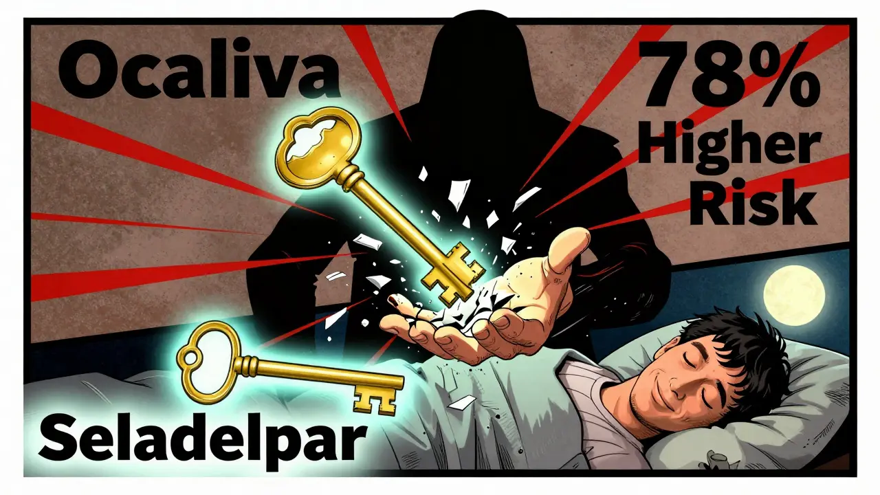 Ocaliva key shattering as Seladelpar glows softly, with a patient sleeping peacefully under a calming blue-green aura.