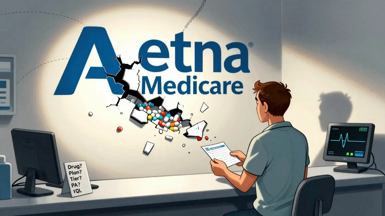 Patient at pharmacy with fragmented insurance logos revealing drug tiers, shadow casting a flatline monitor.
