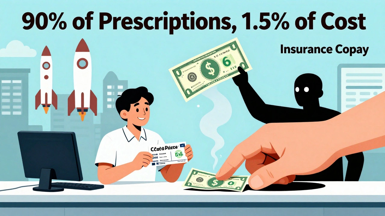 Patient receiving  cash price for meds while insurance copay dissolves, with biosimilars rising in background mural.