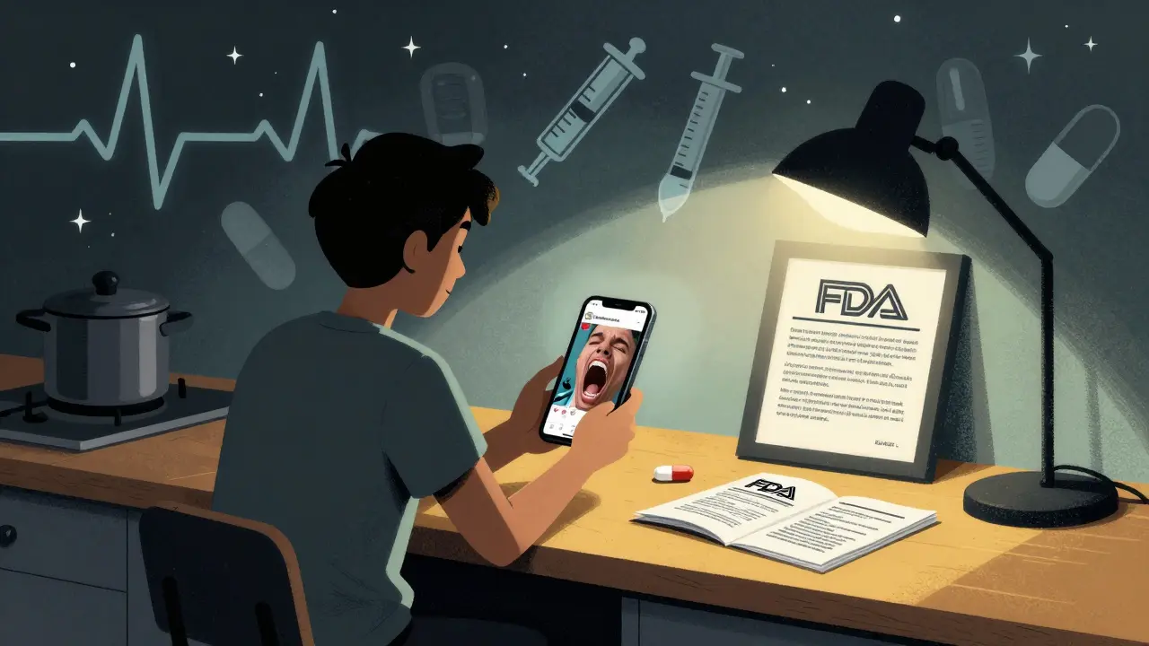 Person comparing viral social media post to official FDA alert at kitchen counter under warm light.