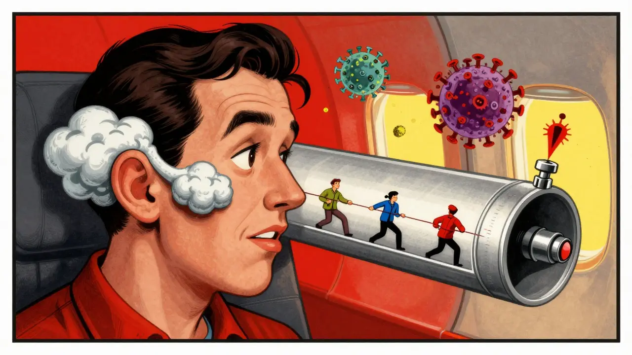 Person on airplane with mucus cloud blocking ear canal, surrounded by allergy and altitude symbols in surreal poster style.