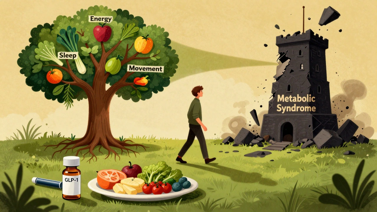 Person walking at dusk, shadow becoming a tree of health, while metabolic syndrome crumbles behind