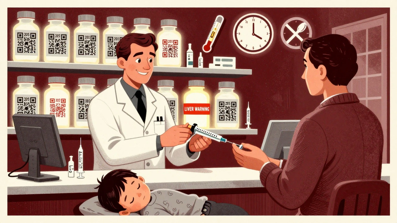 Pharmacist giving a dosing syringe to a parent as medicine bottles display QR codes and liver warning labels.