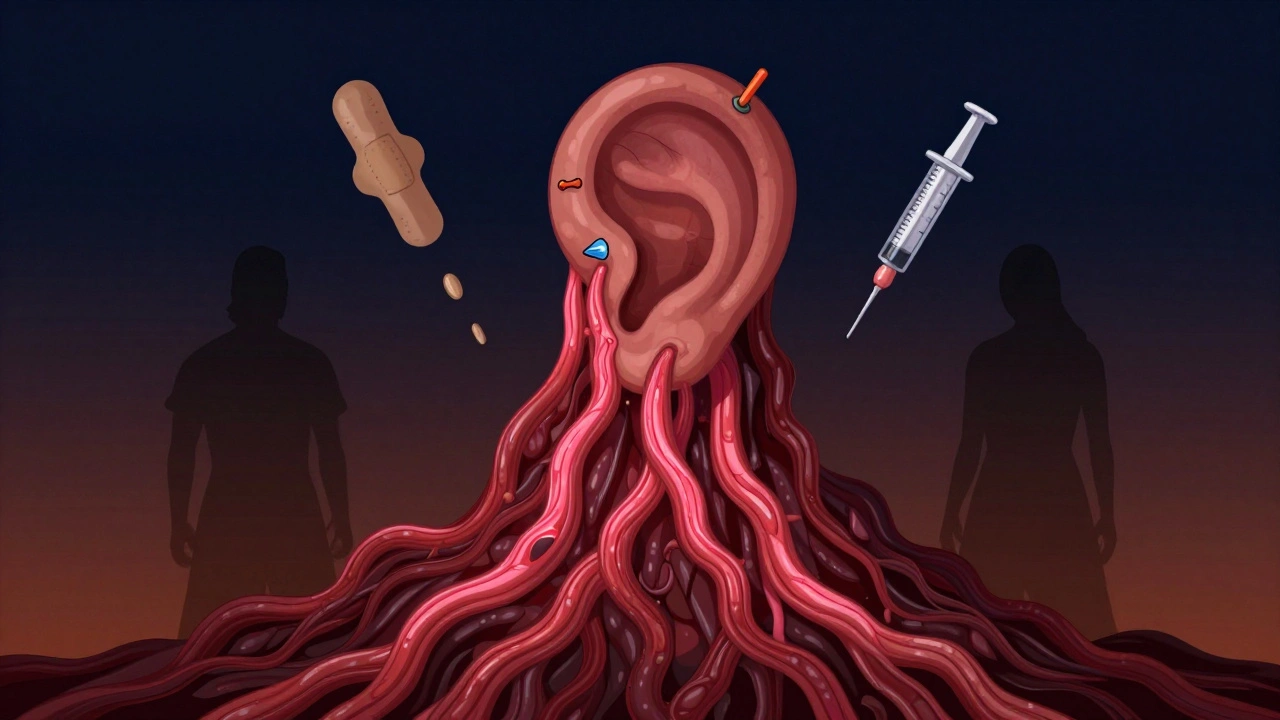 Raised keloid scar shaped like a mountain, surrounded by medical treatments in symbolic form.