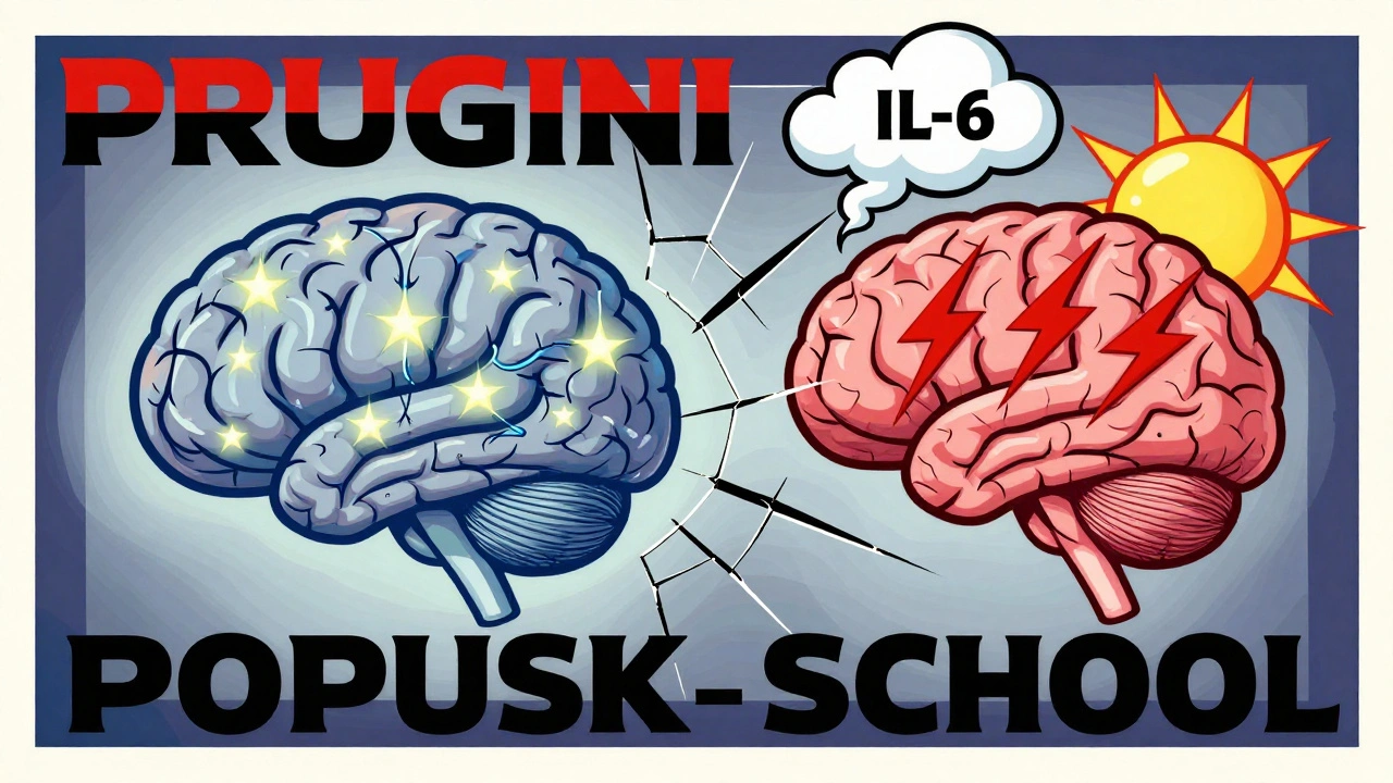 Split brain: one side calm with blue neural paths, the other chaotic with red lightning and rising inflammation clouds.