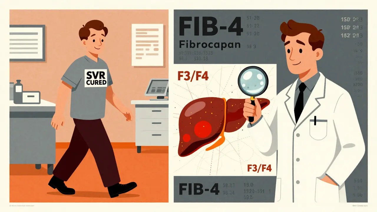 Split poster showing a cured patient walking away versus a doctor highlighting liver fibrosis hotspots, emphasizing continued surveillance needs.