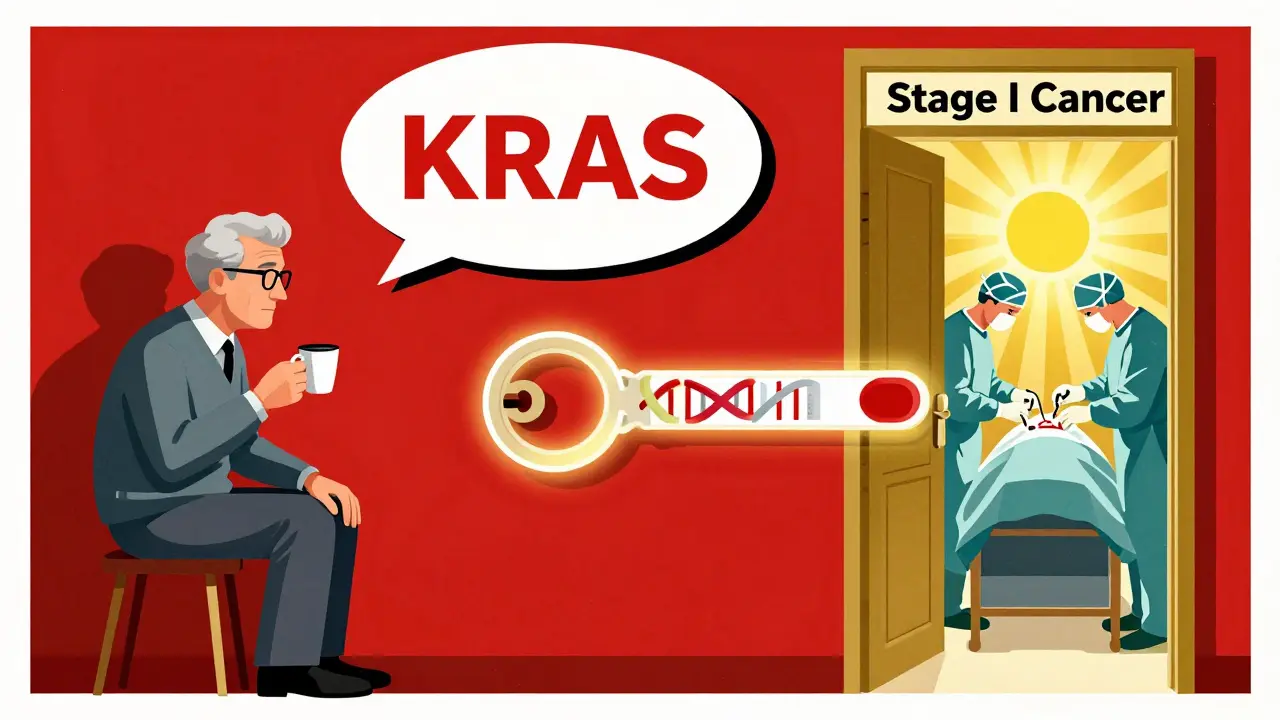 Split scene: ignored symptoms on one side, early detection unlocking treatment on the other, with DNA strands as a whispering key.