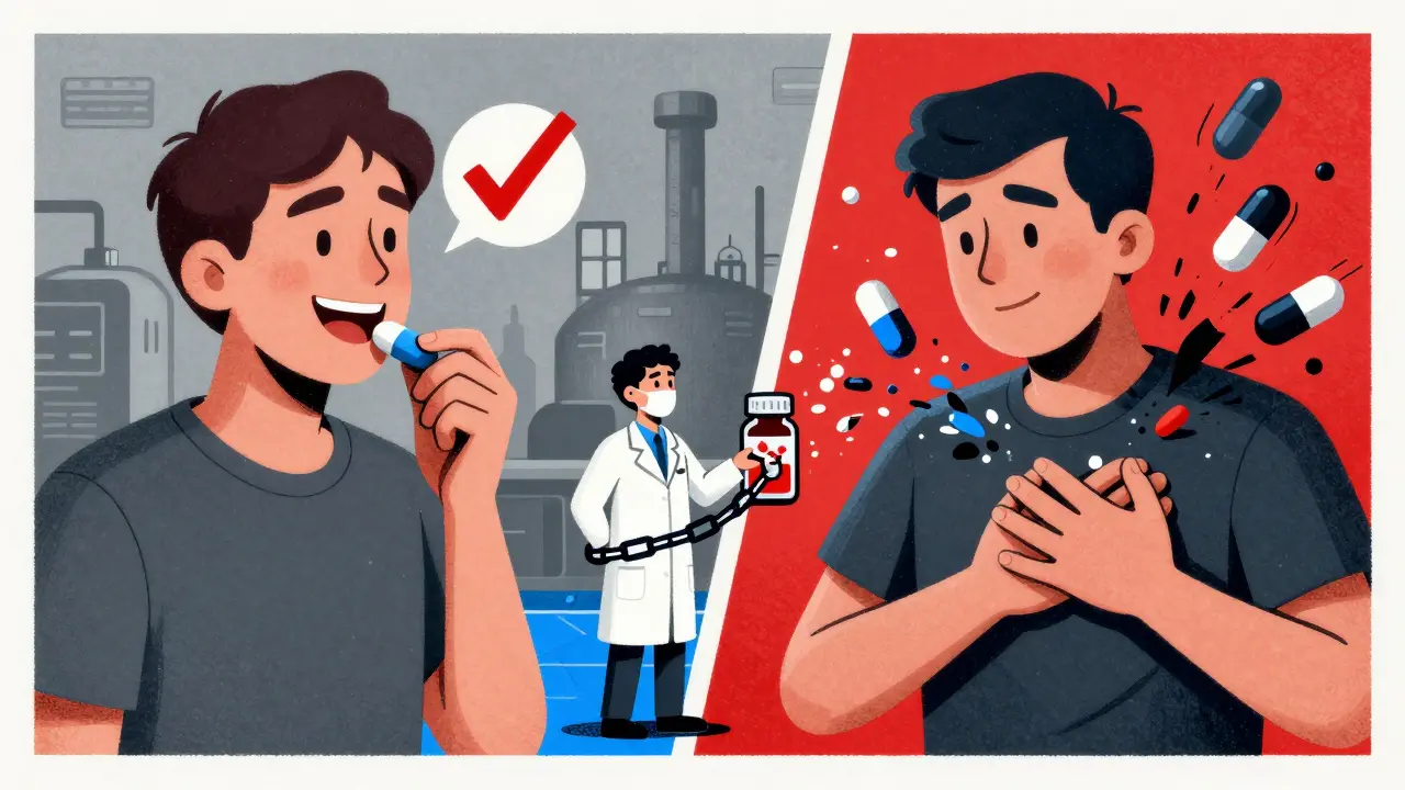 Split scene: patient well vs. patient in distress, with blockchain tracing pill origin.