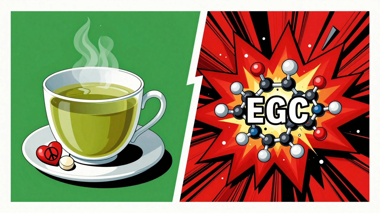 Split scene: peaceful tea beside pills vs. explosive clash with chemotherapy drugs in stylized poster art.