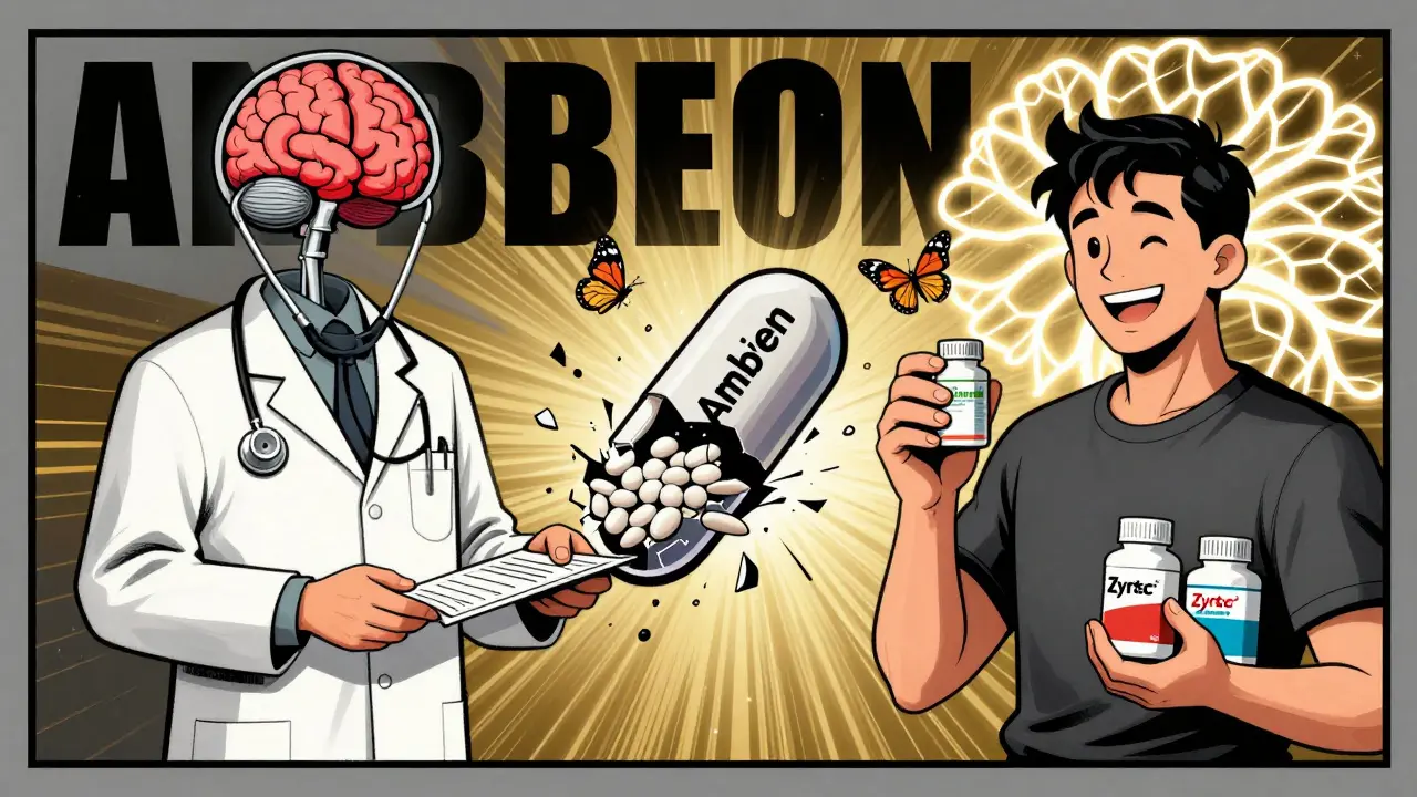 Split scene showing a patient transitioning from harmful meds to safer alternatives, with a shattering pill turning into butterflies.
