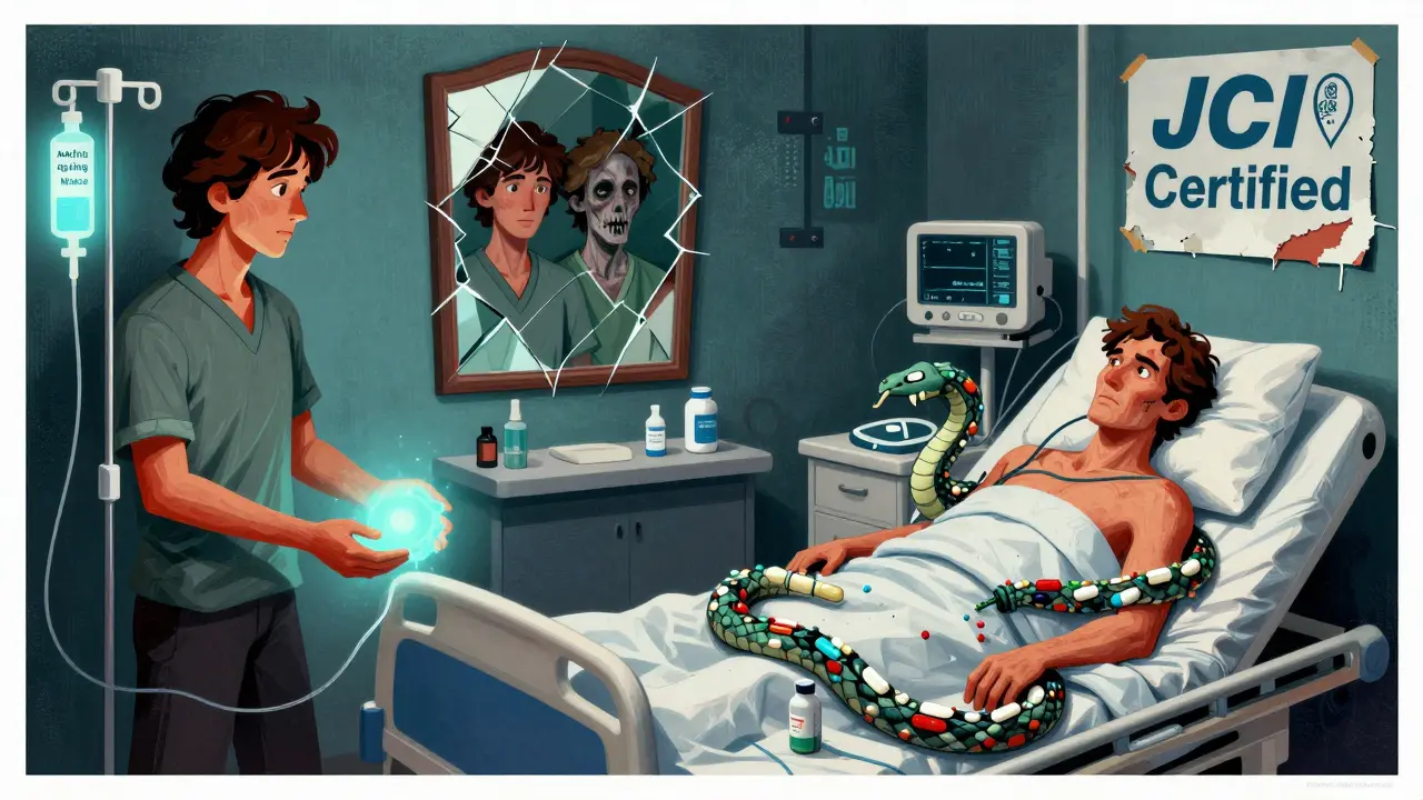 Split scene: wellness IV drip on one side, hospital patient with pill-serpent on the other, fractured mirror reflecting two faces.