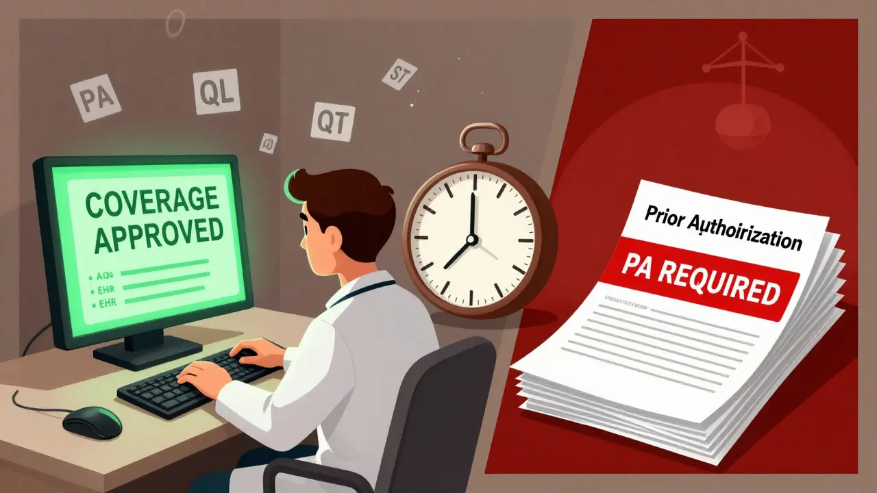 Split-screen of a prescription being approved in an EHR system versus flagged for prior authorization with paperwork piles.