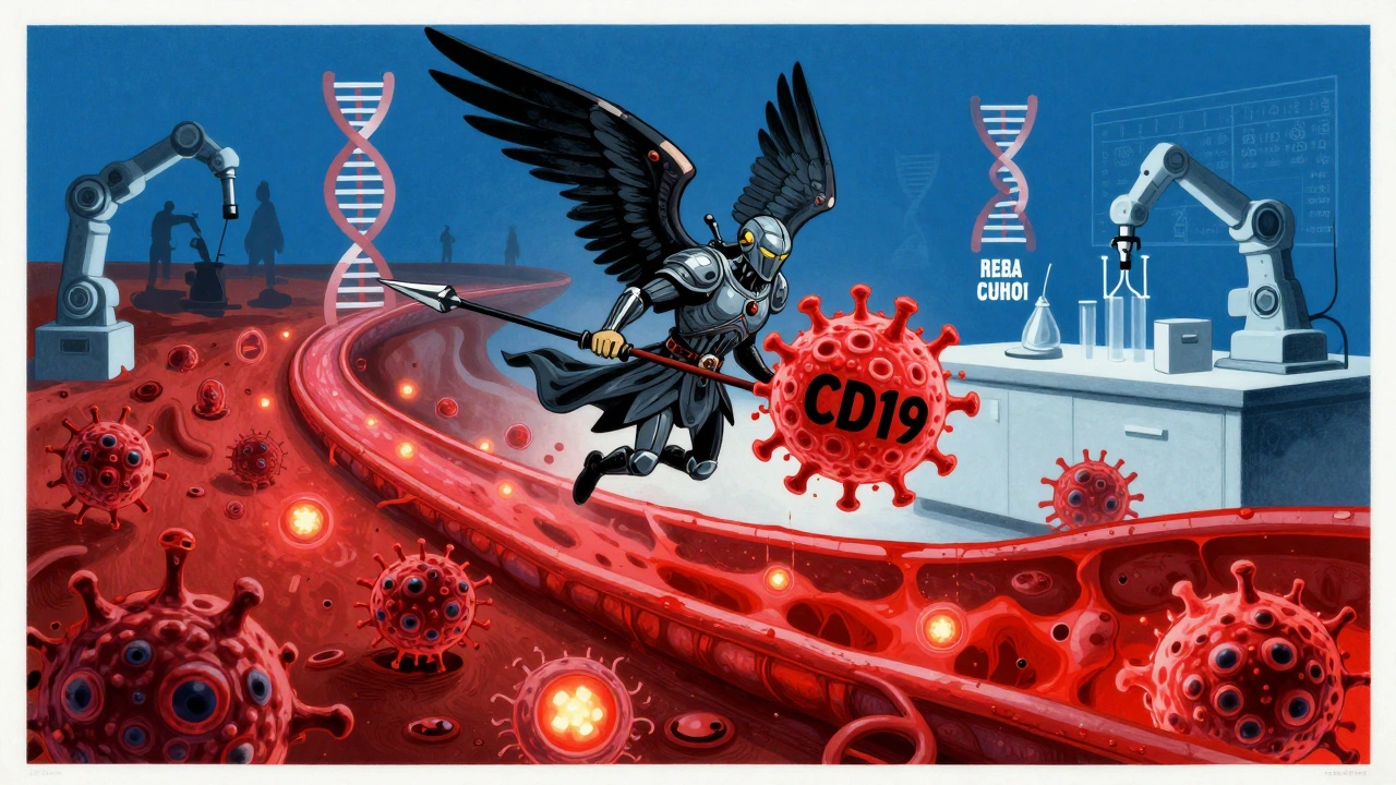 Transformed T-cell warrior flying through blood vessels targeting cancer cells