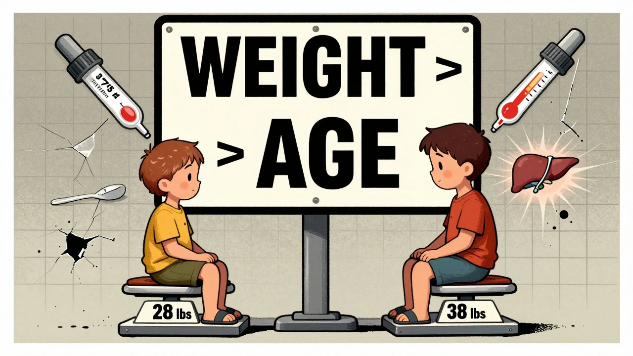 Two children of same age but different weights receiving different medicine doses, with &#039;WEIGHT &gt; AGE&#039; sign above.