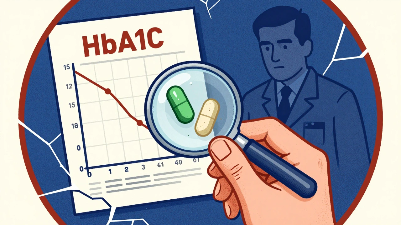 Two different generic diabetes pills under a magnifying glass, showing subtle visual differences in shape and texture.