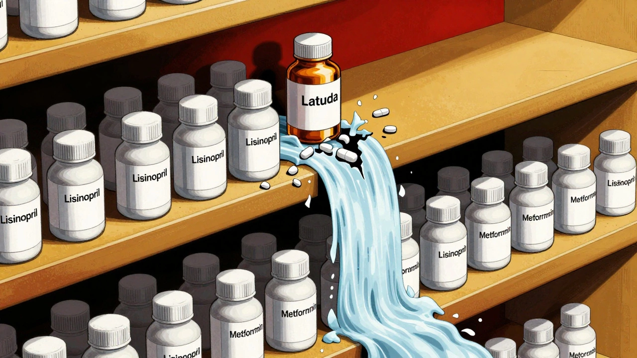 Waterfall of generic pill bottles overwhelming a single crumbling branded bottle on a pharmacy shelf.