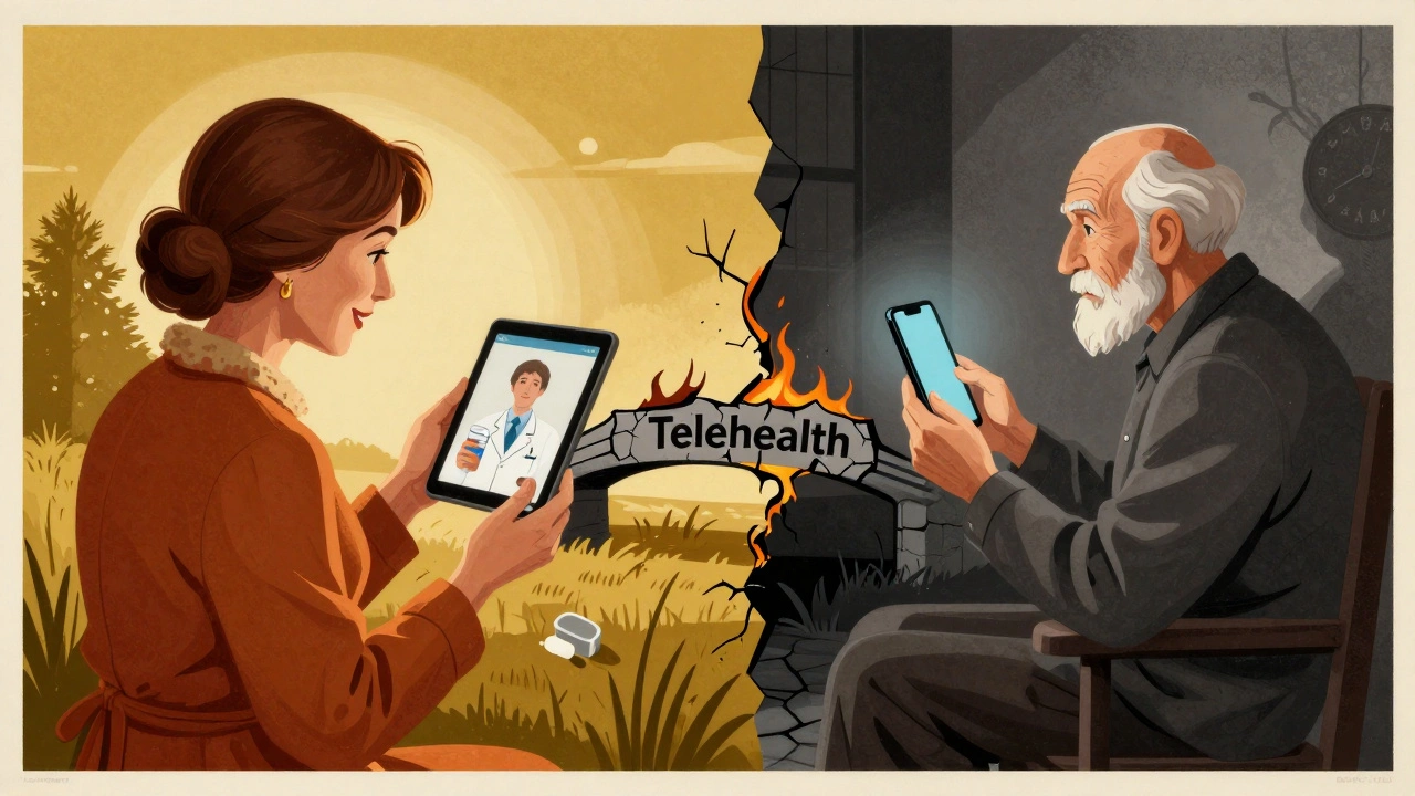 Woman video-calling a doctor on tablet vs. elderly man alone with blank smartphone, showing unequal telehealth access.