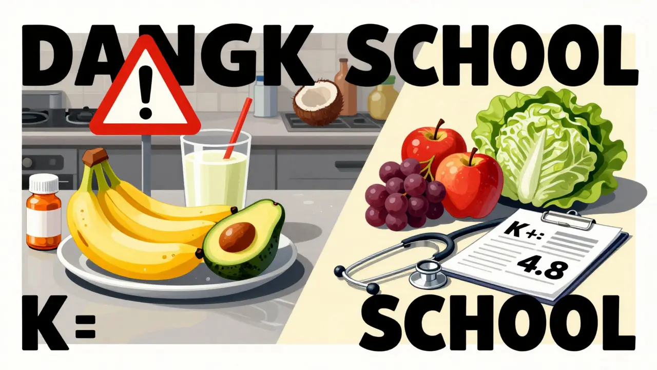 A kitchen counter split between dangerous and safe foods, with medical symbols in bold graphic style.