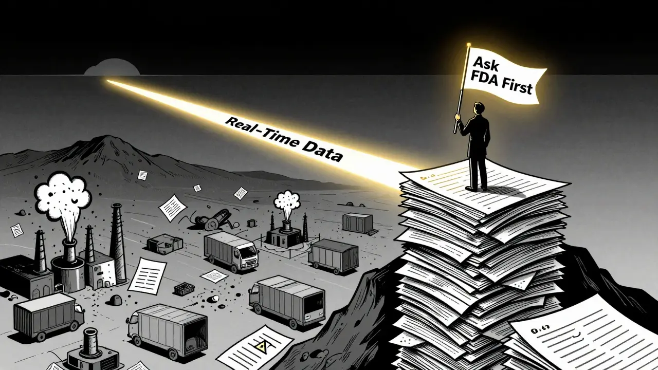 A lone figure atop documents holds a flag, overlooking a valley of chaos with a safe path glowing above.