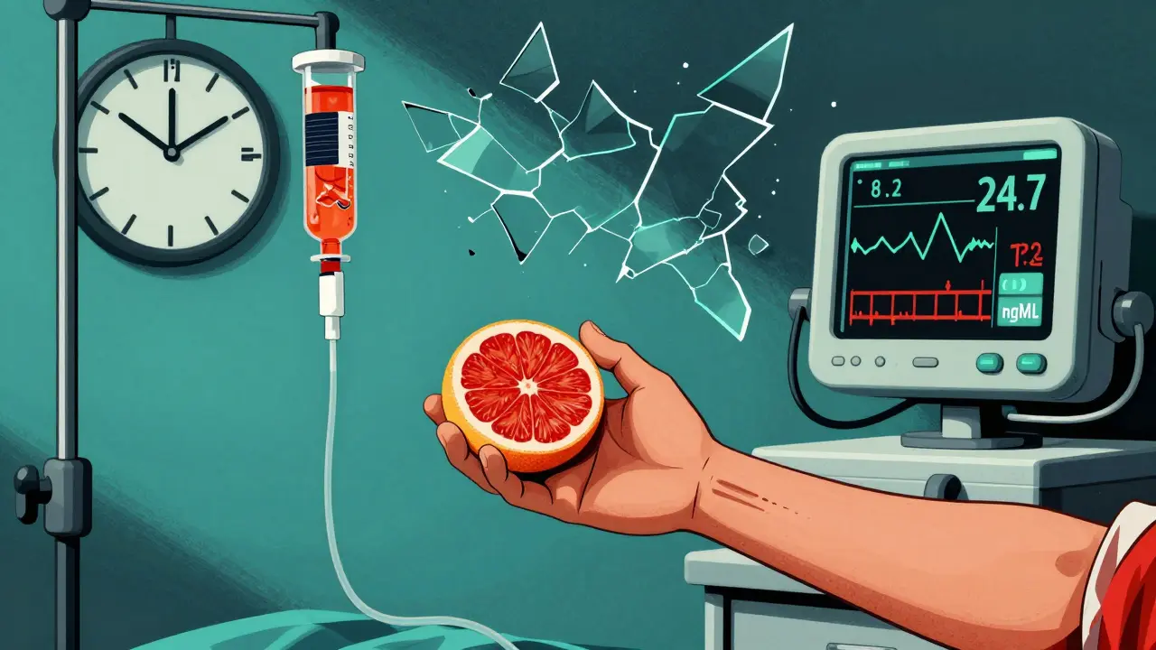 A patient's hand reaches for grapefruit as their arm becomes an IV drip, showing a dangerous spike in drug levels on a monitor.