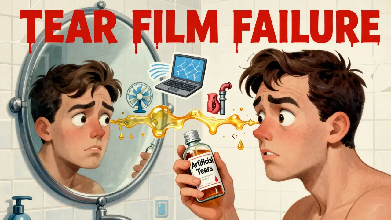 A person applying eye drops that turn into crumbling oil and mucus strands, surrounded by icons of screens and clogged glands in Polish poster style.