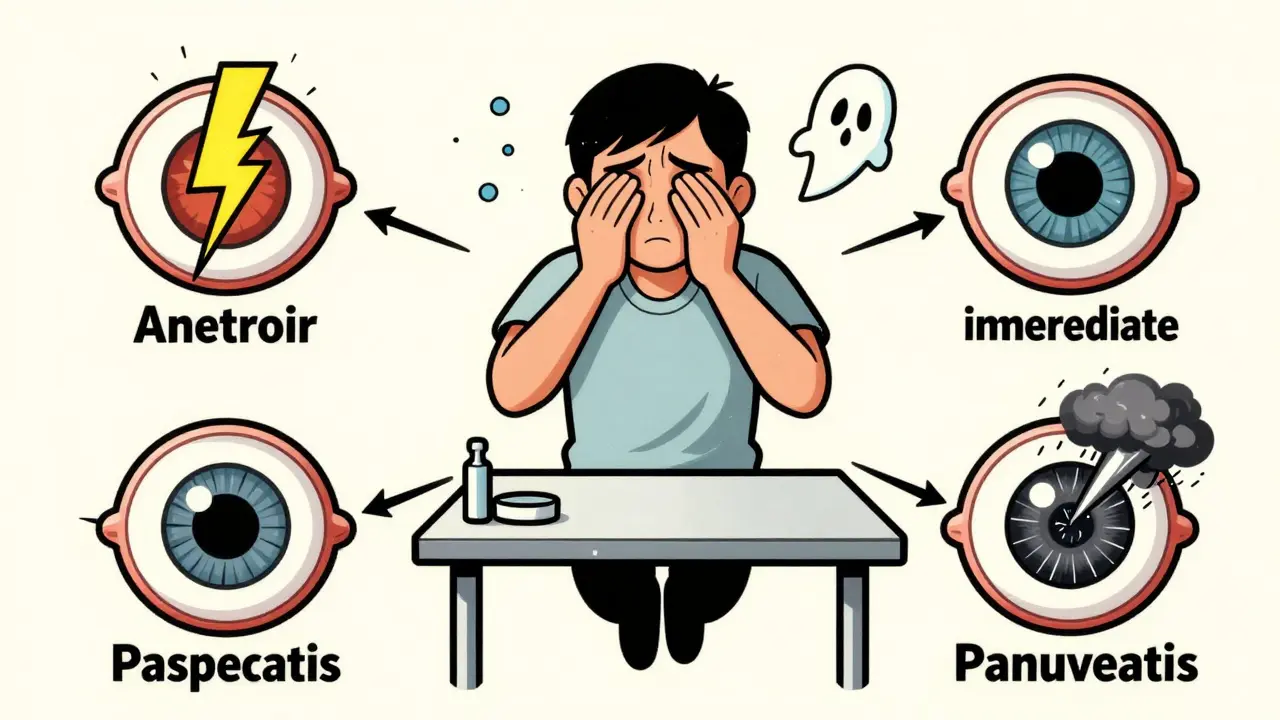 A person holding their eye as four types of uveitis radiate as symbolic warning signs in vintage poster style.