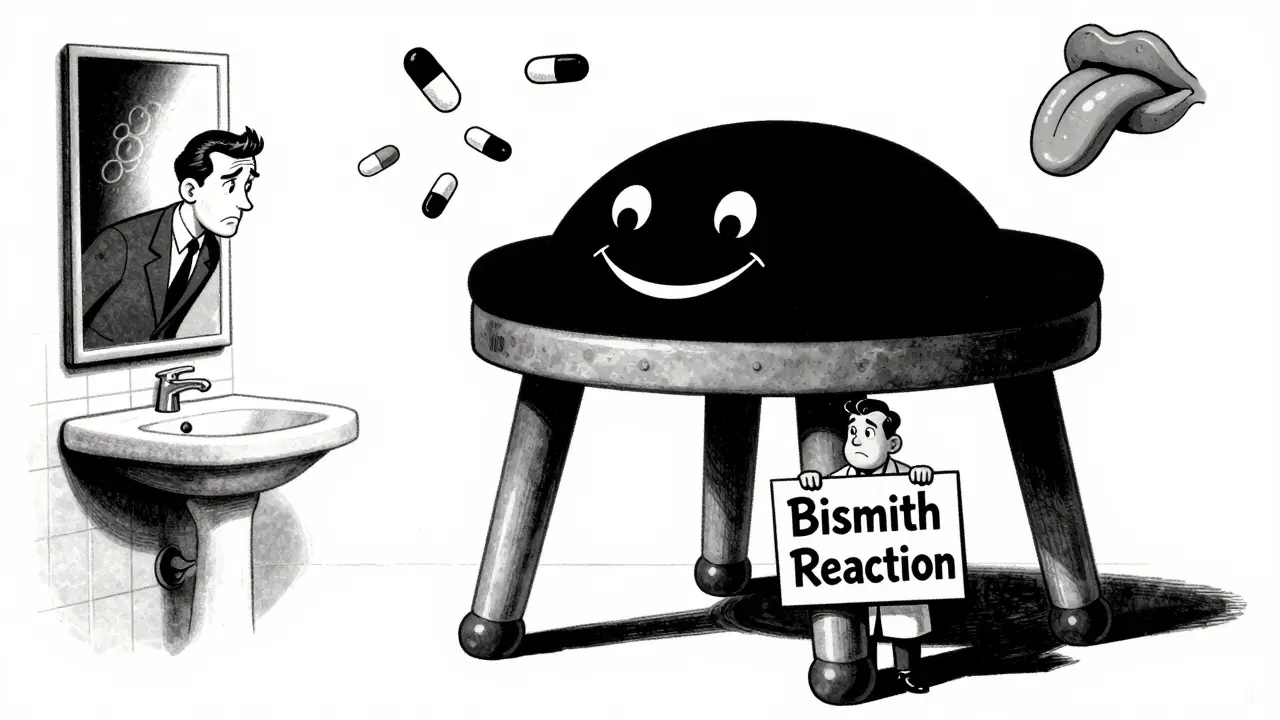 A person staring at a smiling black stool and gray tongue in a mirror, surrounded by Pepto-Bismol tablets.