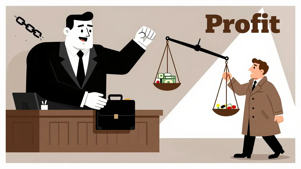 A pharmaceutical company paying a generic maker to stay off the market, depicted in symbolic poster art.