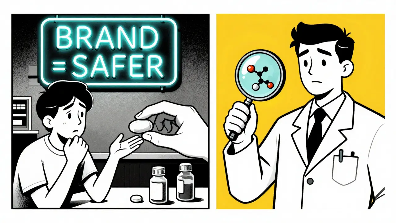 A pharmacist reveals identical drug structures inside brand and generic pills using a magnifying glass.