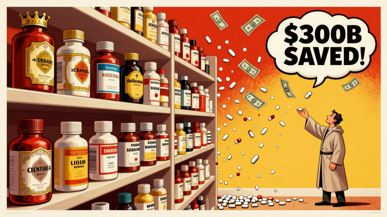 A pharmacy shelf divided between ornate brand-name bottles and a flood of generic pills, with a patient reaching for savings.