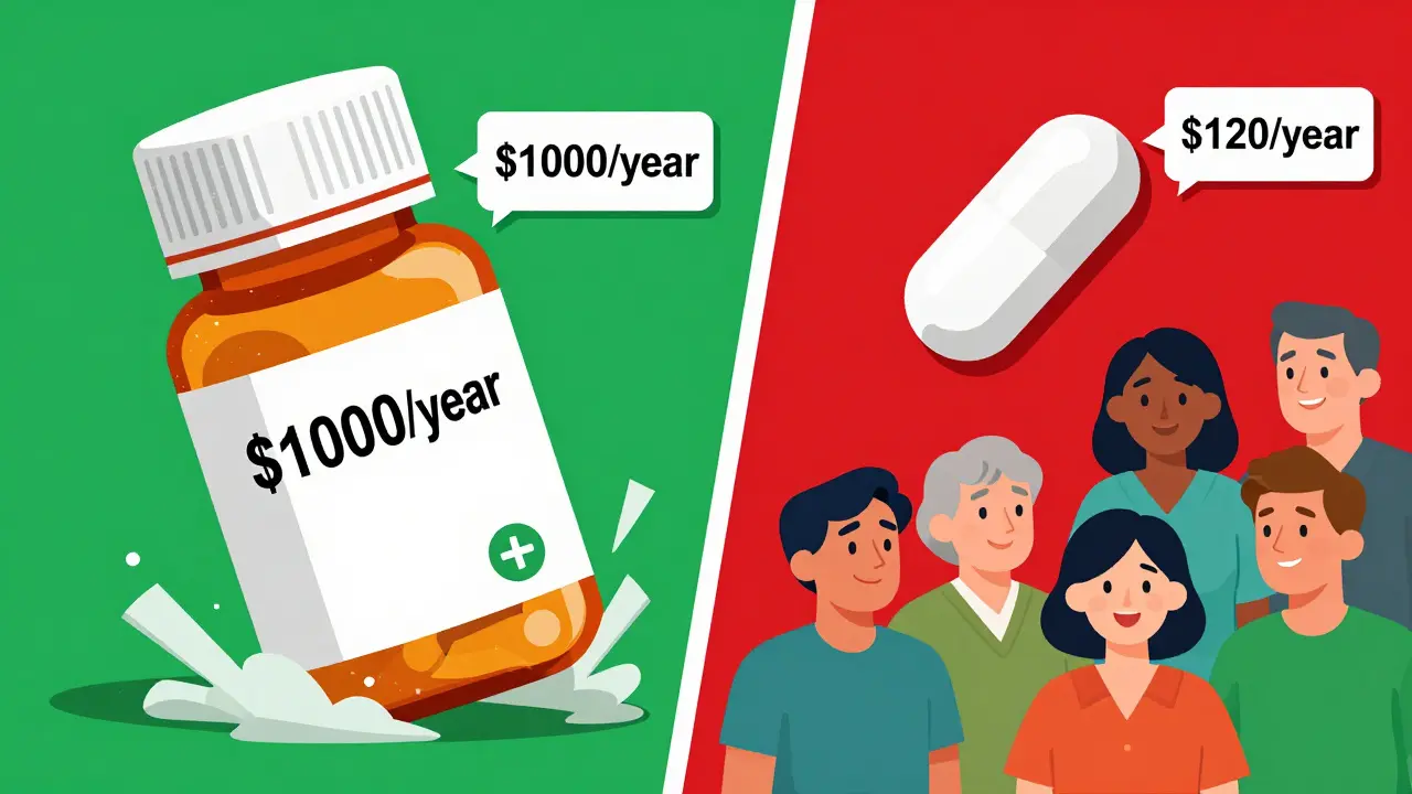 A split illustration contrasting a crumbling expensive pill with a floating affordable generic capsule and smiling patients.