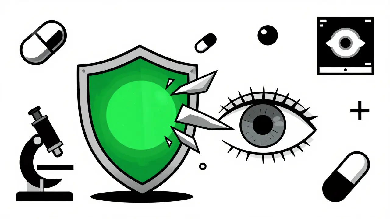 A steroid drop forming a shield against eye damage, with a healed eye emerging in minimalist Polish poster art.