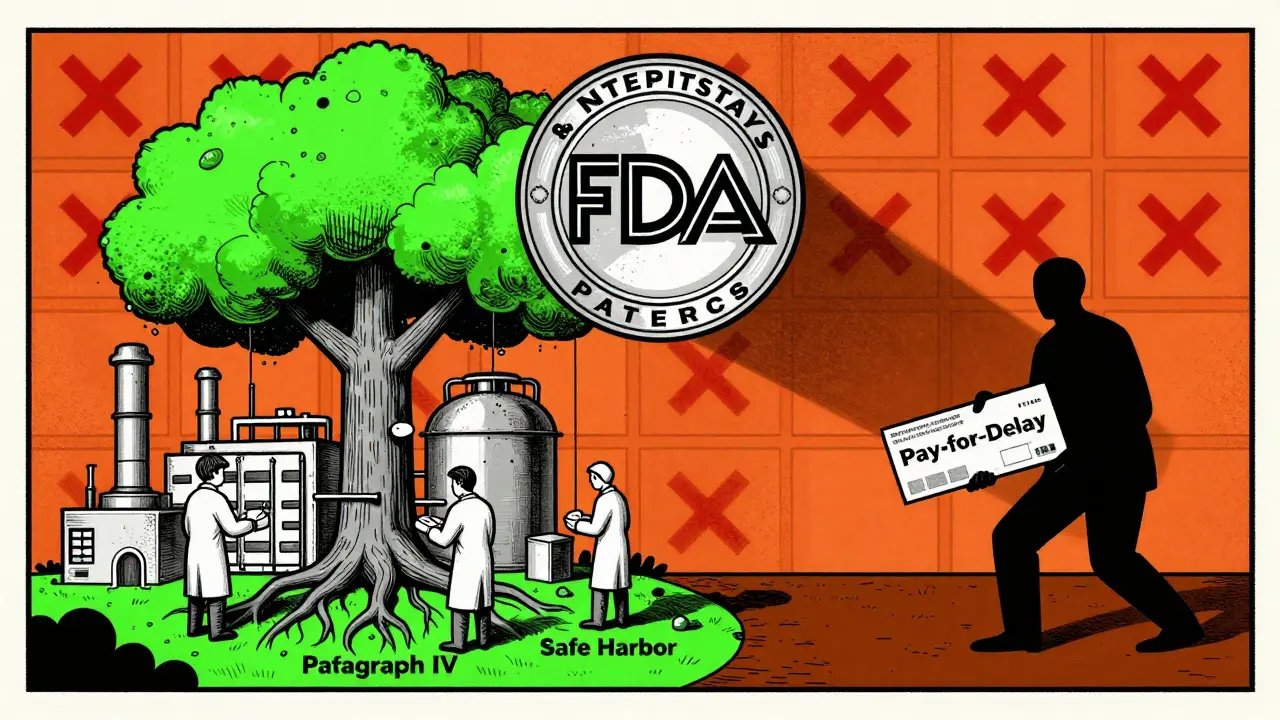 A surreal factory growing from a patent tree, workers assembling pills under an FDA seal, with shadowy pay-for-delay figures.