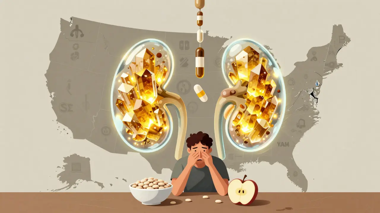 A transparent kidney glowing with potassium crystals, watched by a person choosing between foods.