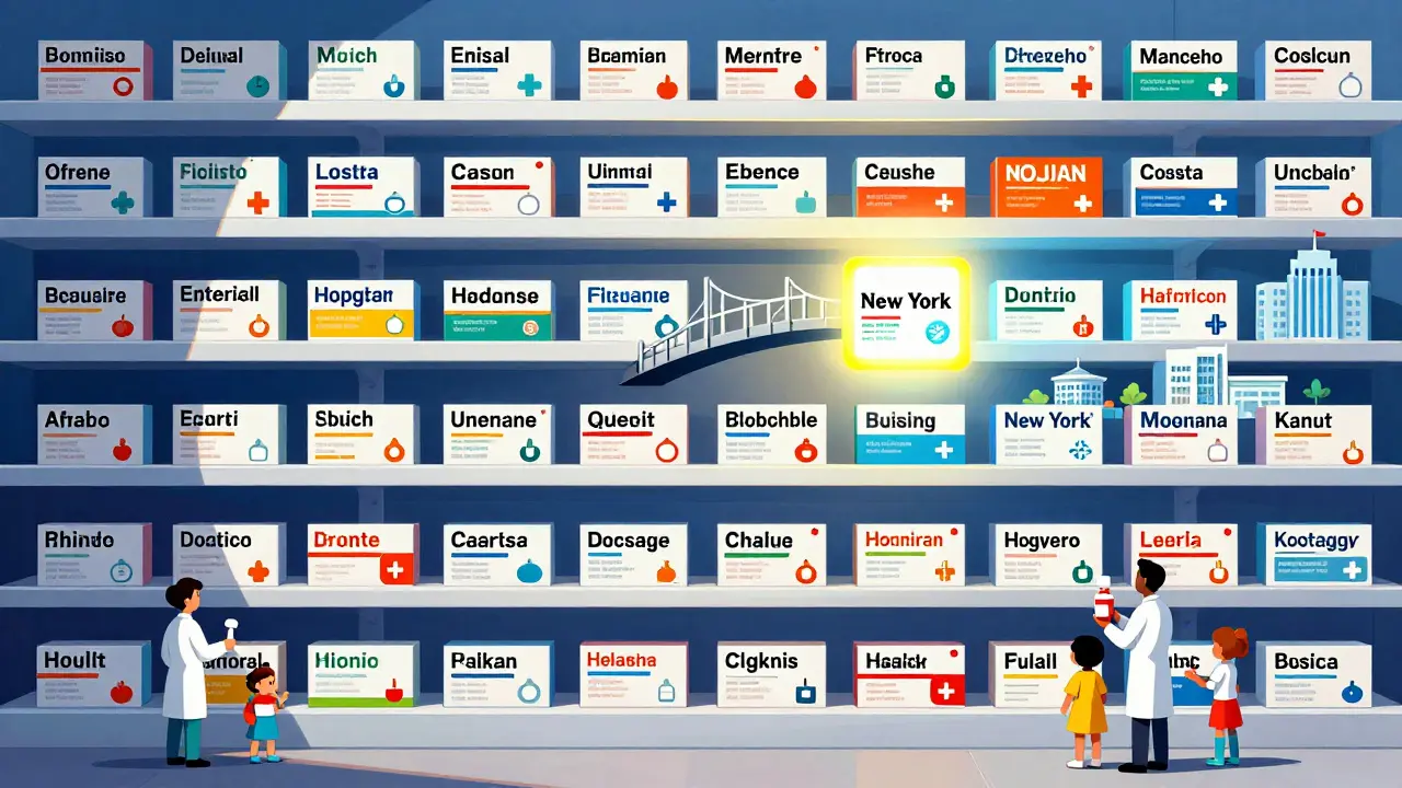 A vertical pharmacy shelf with generic medicine boxes forming a bridge between clinics in Africa and New York.