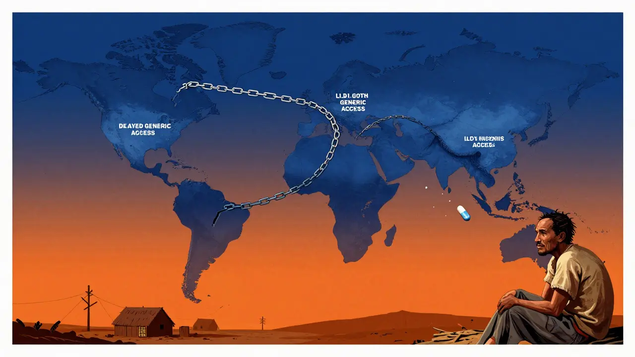 A world map with chains of delayed generic access, one pill breaking free toward a patient in need.