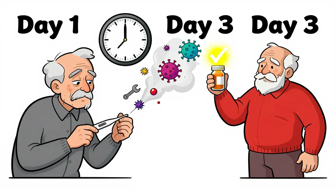 An elderly person transformed from weak to strong with antiviral treatment shown through symbolic clock and virus dissolution.