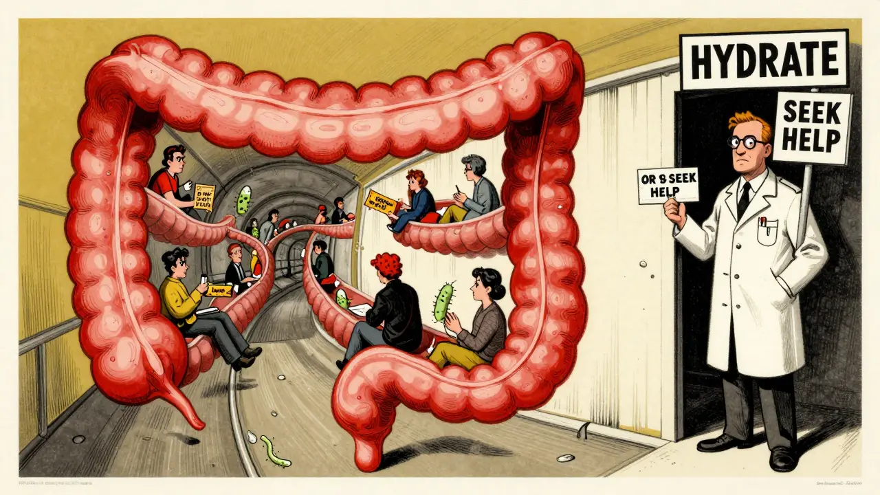 An intestine as a subway tunnel with trapped bacteria, a doctor at the exit urging hydration or medical help.