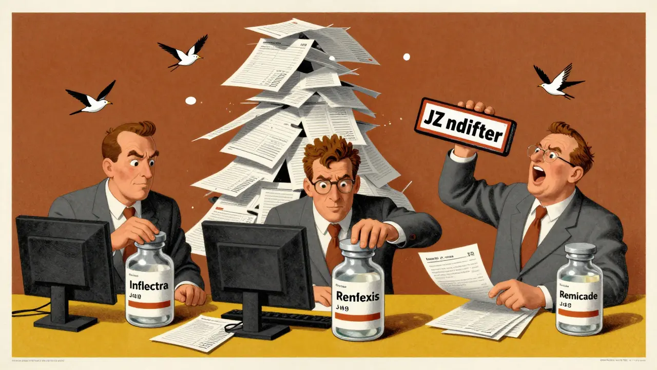 Billing staff overwhelmed by flying drug codes and rejected claims at a chaotic desk