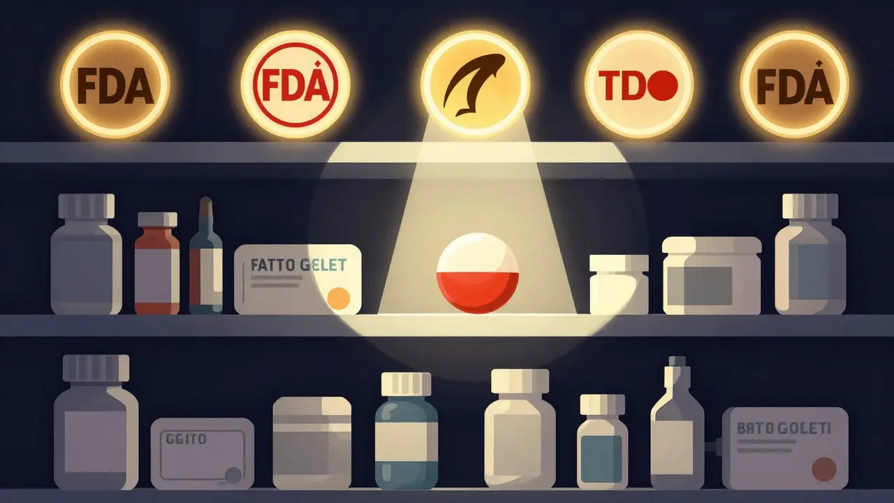 Brand-name drugs glow on a shelf while a single generic pill is illuminated by an FDA light beam.