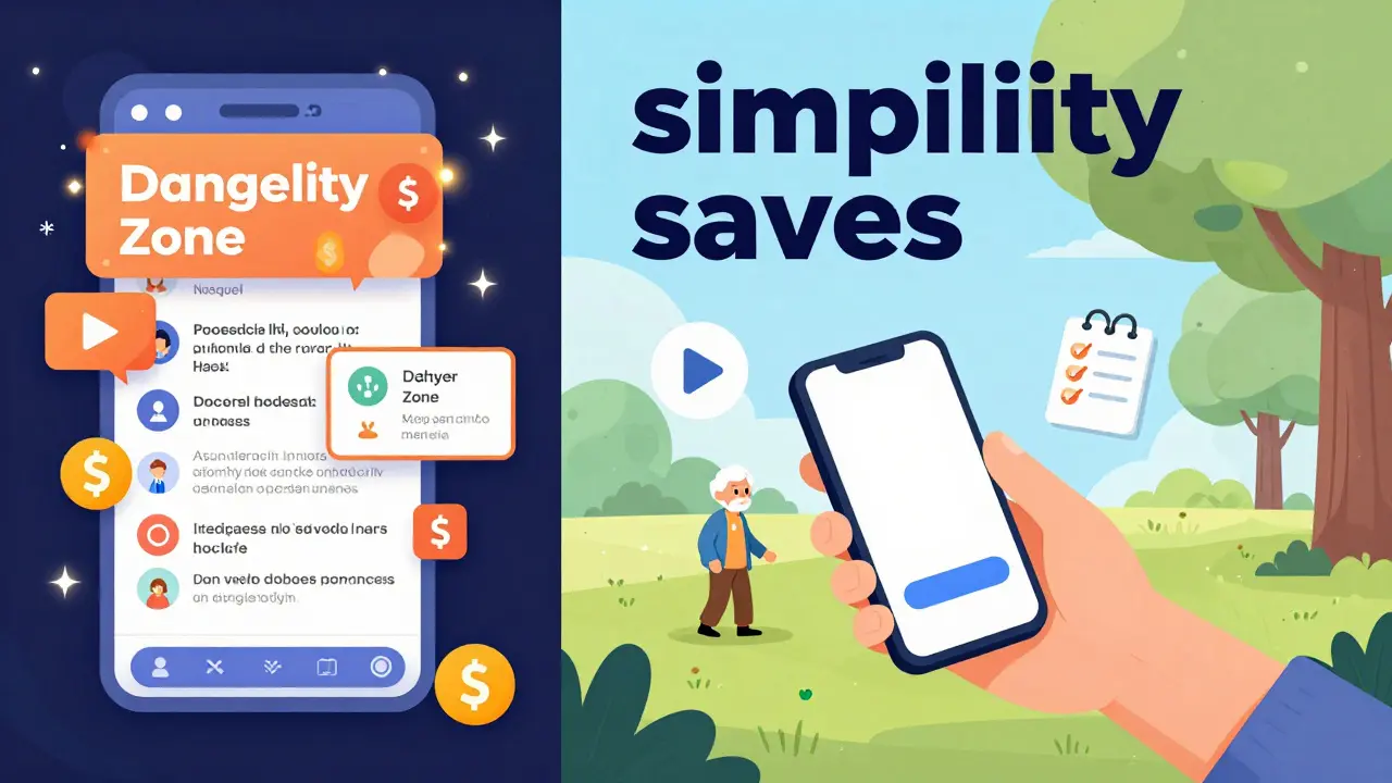 Contrasting chaotic health app clutter with clean, intuitive tools guiding a patient through a peaceful outdoor scene.