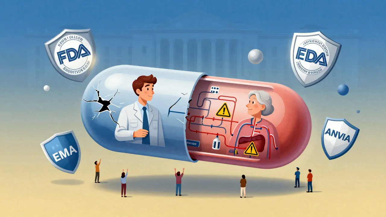 Cracked pill revealing two metabolic worlds inside—one young male, one older female—with regulatory seals and patient figures below.