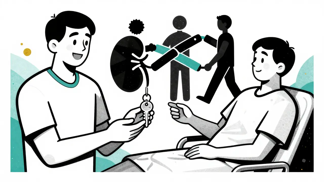 Donor handing a kidney-shaped key to recipient, with interconnected donors forming a human chain behind them.
