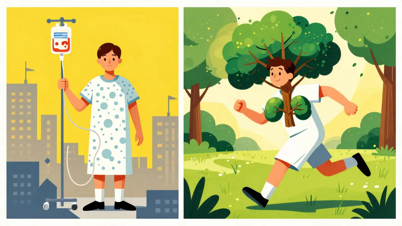 Dual scene: person tethered to dialysis bags vs. same person free in a park with a kidney-shaped tree.